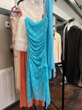 Turquoise Lace Strapless Dress with Draped Front
